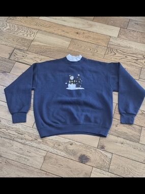 Fruit of the Loom Navy Crewneck Sweater with Winter Penguin Embroidery Size L